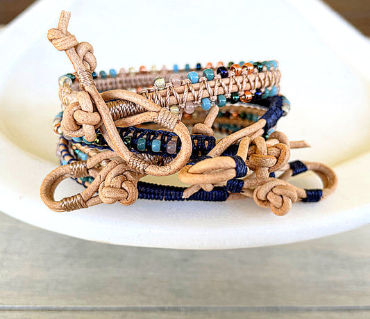 Tan, Rose Gold, and Blue Leather Beaded Macrame Bracelet