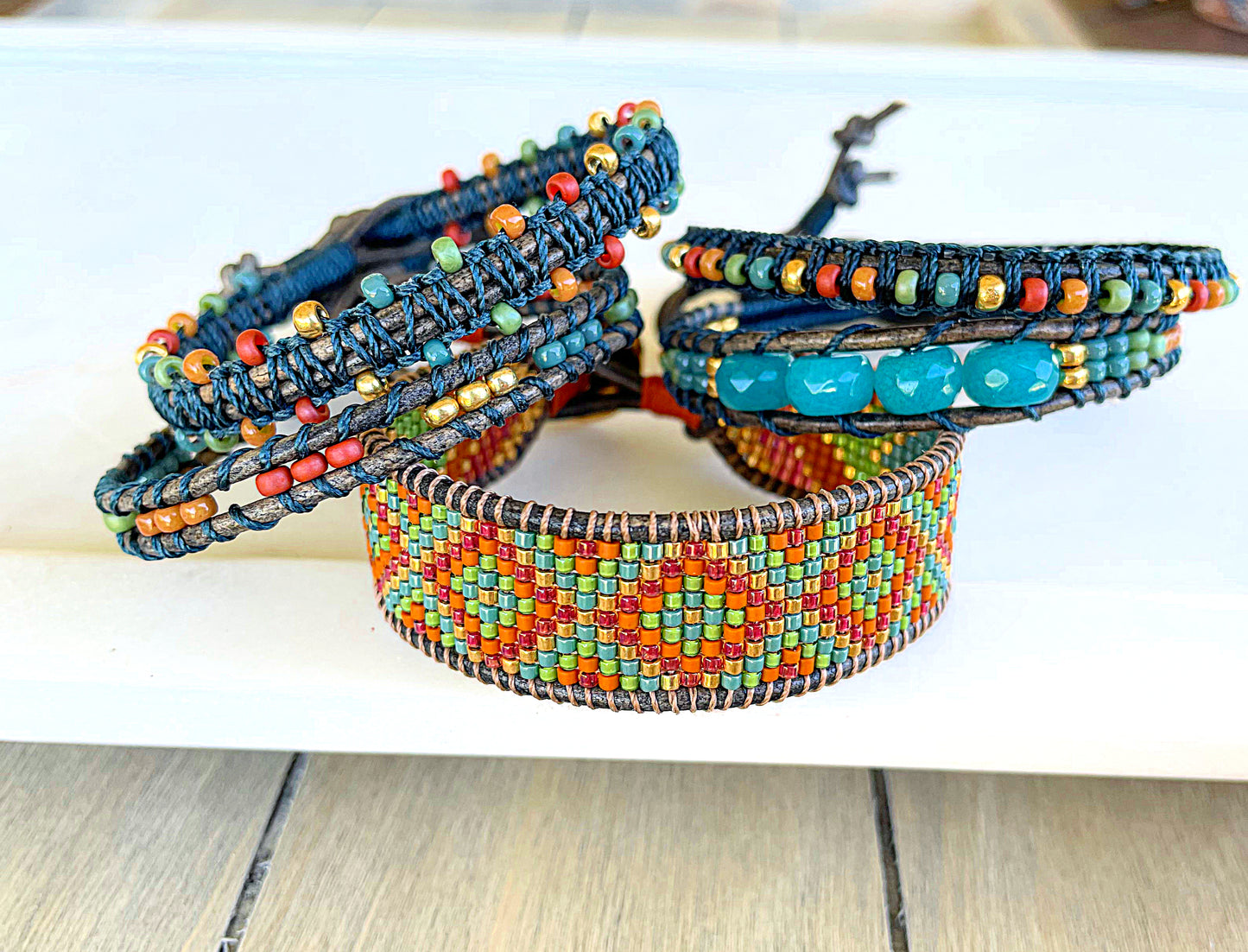 Dark Teal Rainbow Diamond Bead Loom Woven Bracelet