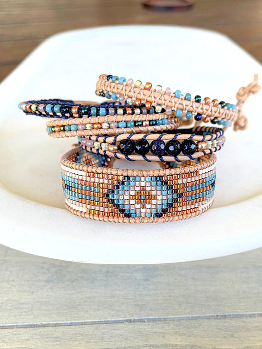 Blue, Tan, and Rose Gold Beaded Macrame Bracelet and Western Diamond Loom Set