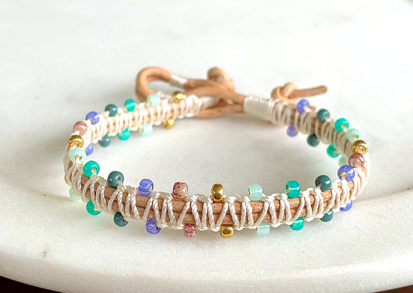 Purple, Green, and Gold Fluorite Leather Beaded Macrame Bracelet