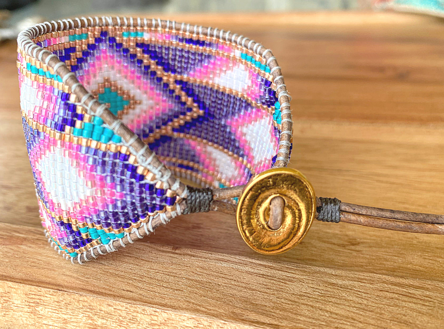 Purple and Gold Bead Loom Woven Wide Beaded Cuff Bracelet