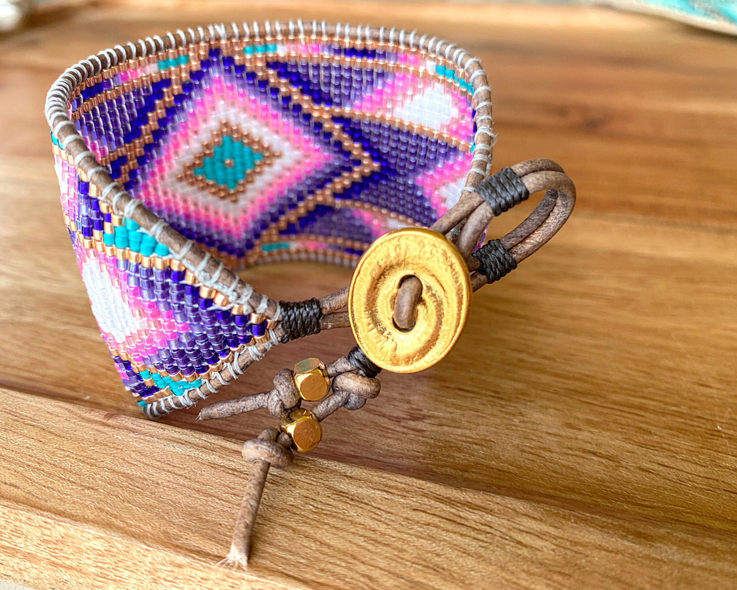 Purple and Gold Bead Loom Woven Wide Beaded Cuff Bracelet