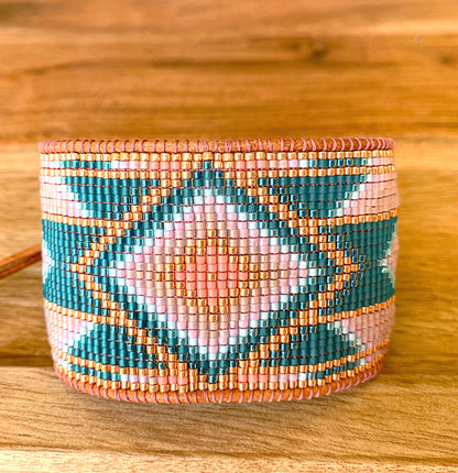 Seafoam Bead Loom Woven Wide Beaded Cuff Bracelet