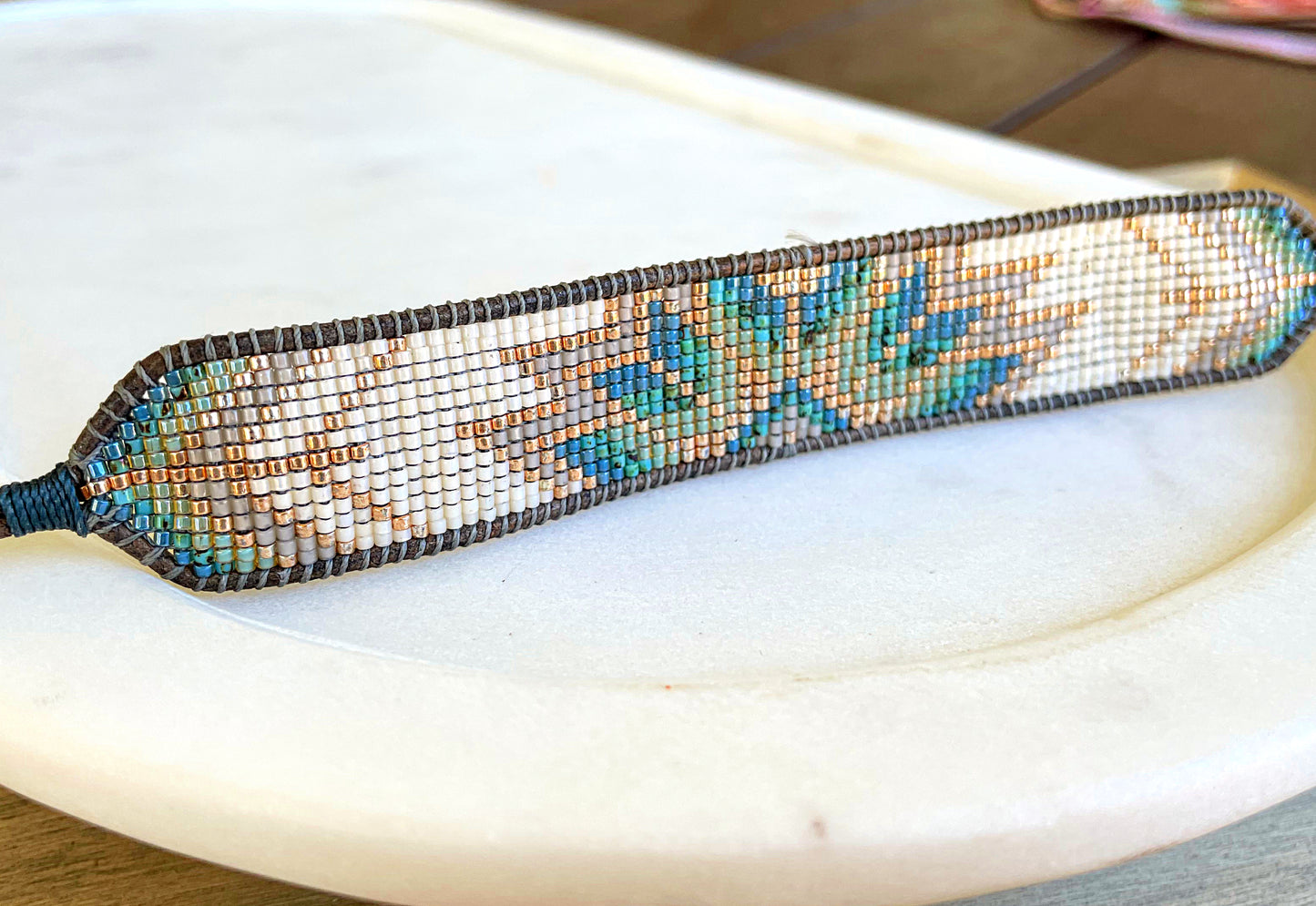 Sage and Turquoise Starburst Quilt Beaded Loom Woven Bracelet