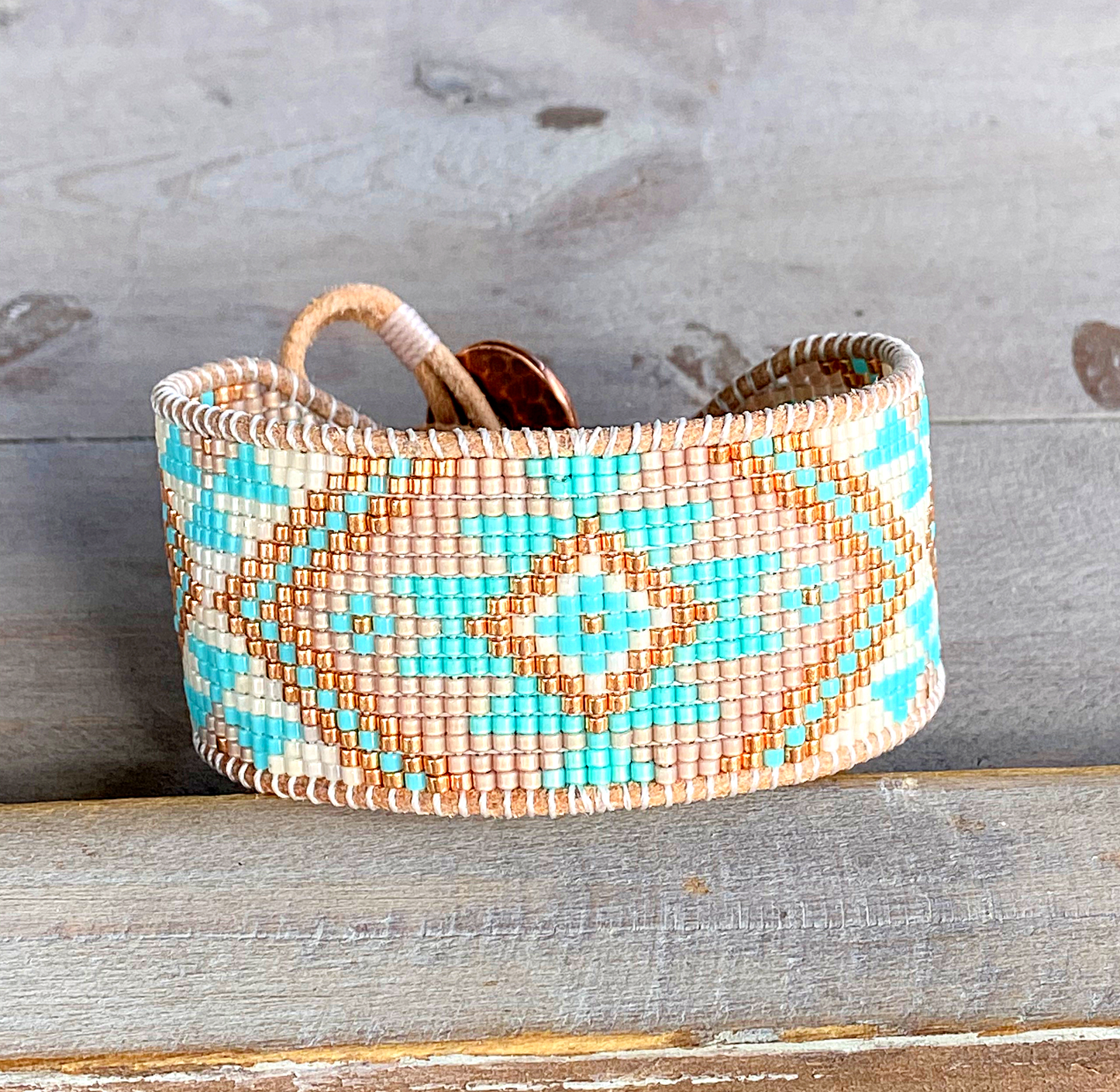 Aqua and Seafoam Beach Tribal Loom Leather Cuff Bracelet