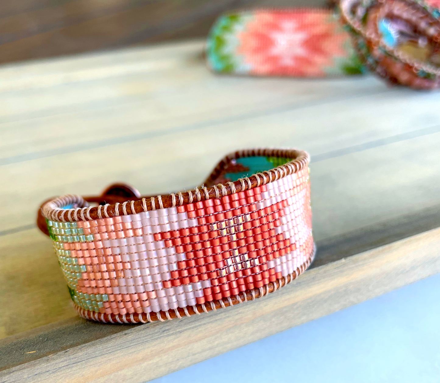 Coral, Green, and Turquoise Western Starburst Beaded Loom Bracelet