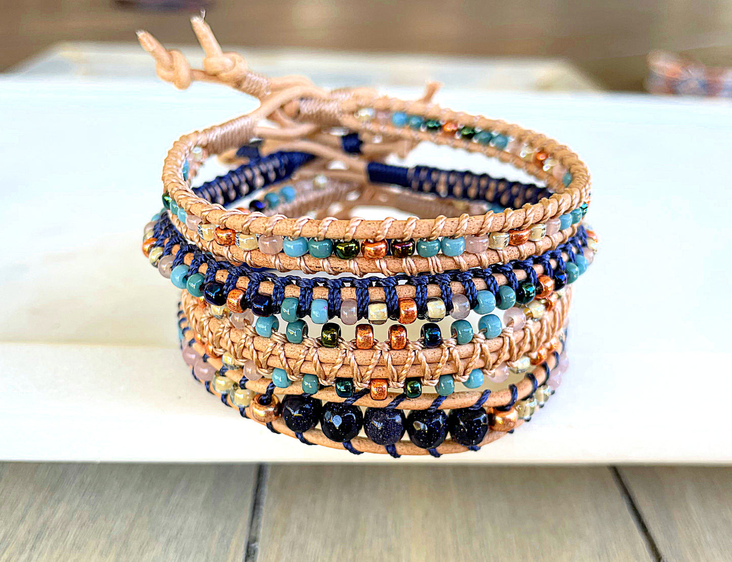 Blue, Tan, and Rose Gold Beaded Macrame Bracelet and Western Diamond Loom Set