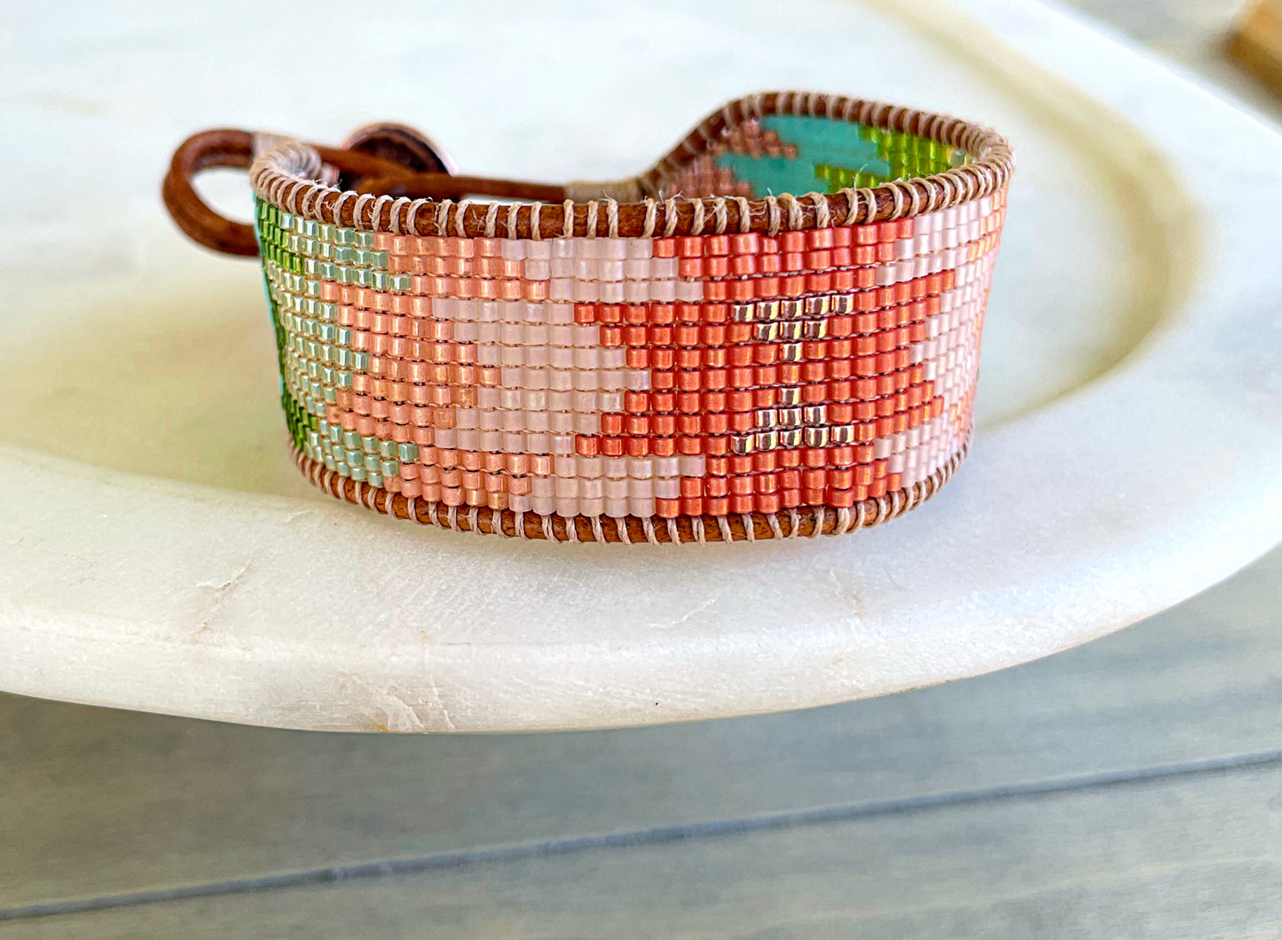 Coral, Green, and Turquoise Western Starburst Beaded Loom Bracelet