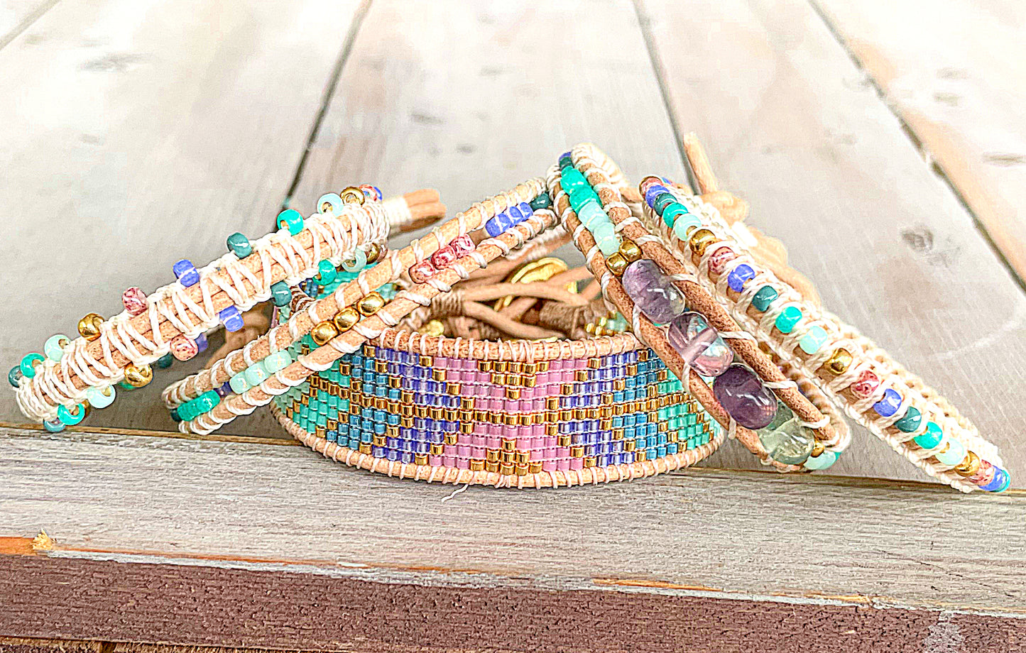 Purple, Green, and Gold Fluorite Leather Beaded Macrame Bracelet