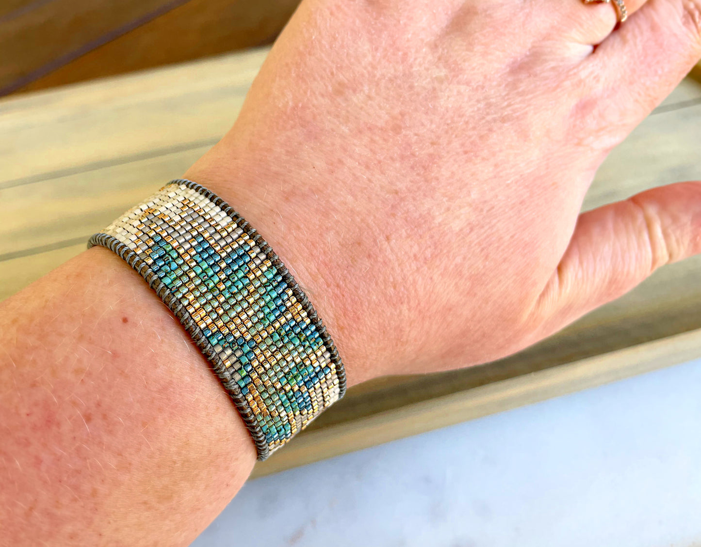 Sage and Turquoise Starburst Quilt Beaded Loom Woven Bracelet