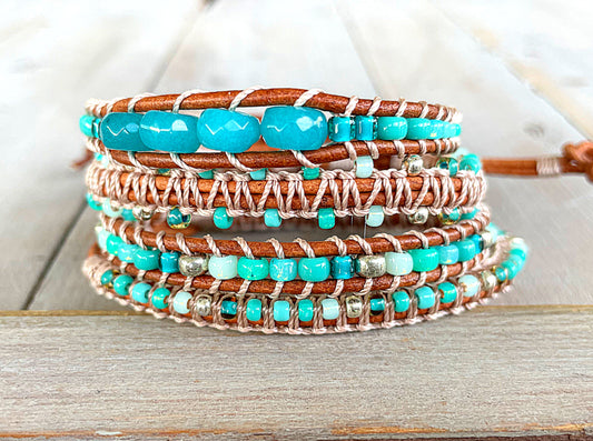 Teal and seafoam Leather Beaded Macrame Bracelet