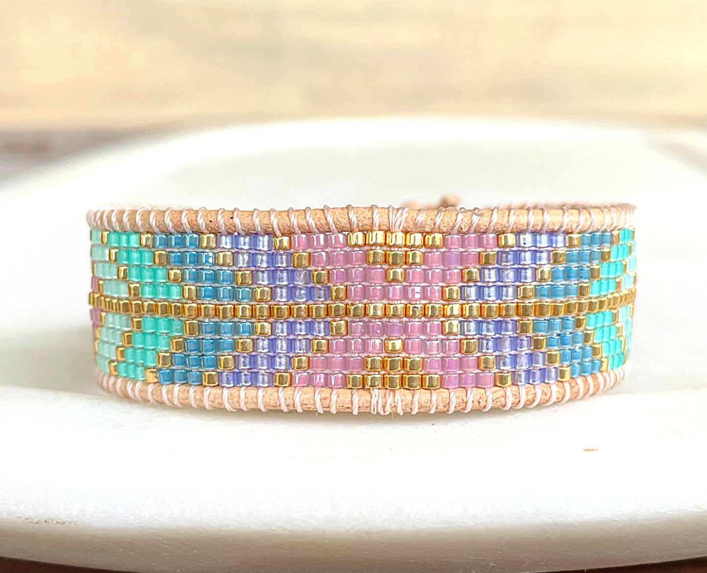 Purple, Green, and Gold Geometric Arrow Bead Loom Woven Bracelet