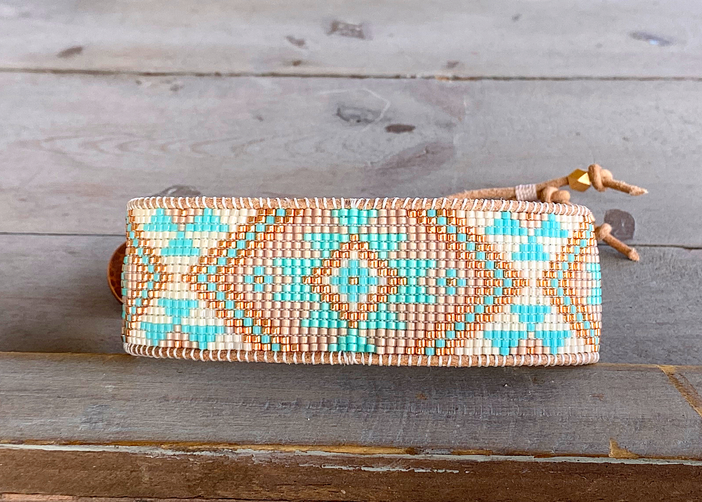 Aqua and Seafoam Beach Tribal Loom Leather Cuff Bracelet