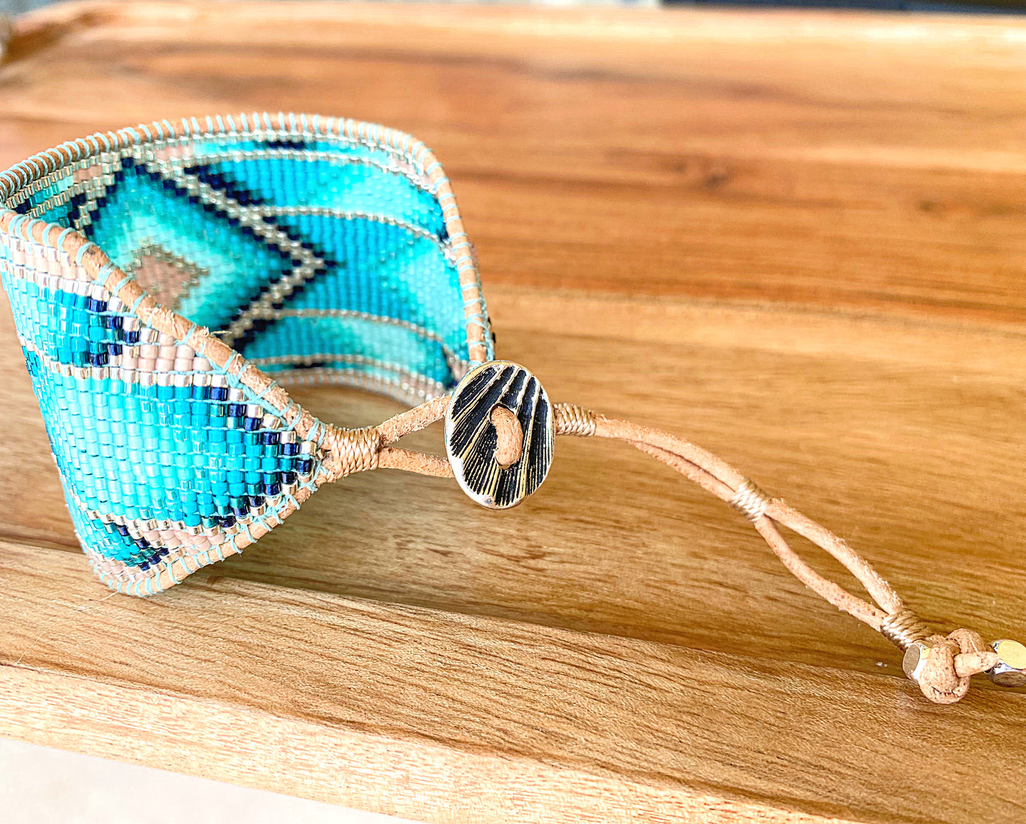 Seafoam Bead Loom Woven Wide Beaded Cuff Bracelet