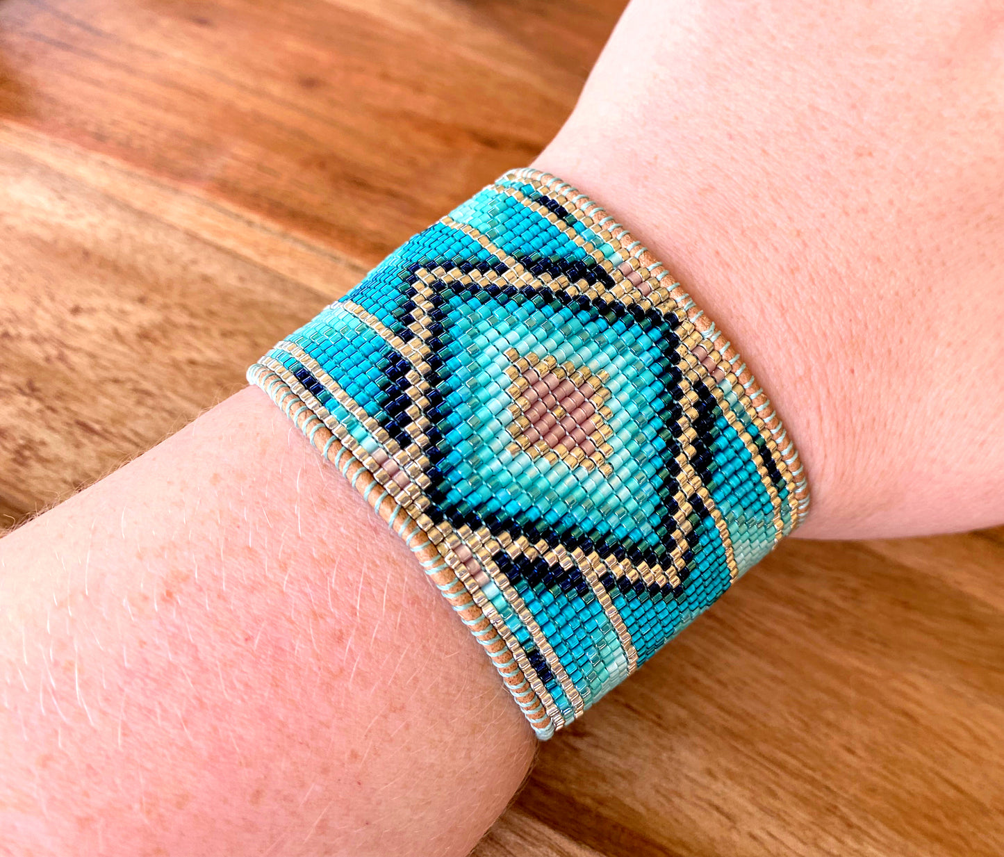 Seafoam Bead Loom Woven Wide Beaded Cuff Bracelet