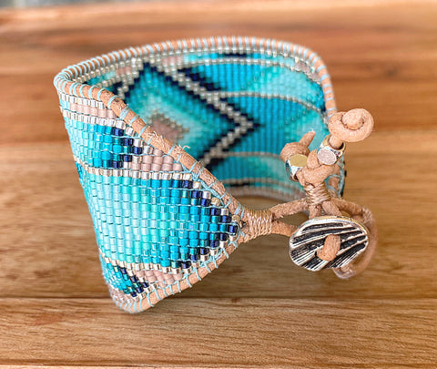 Blush and Teal Southwestern Bead Loom Woven Wide Beaded Cuff Bracelet –  Tower Creations