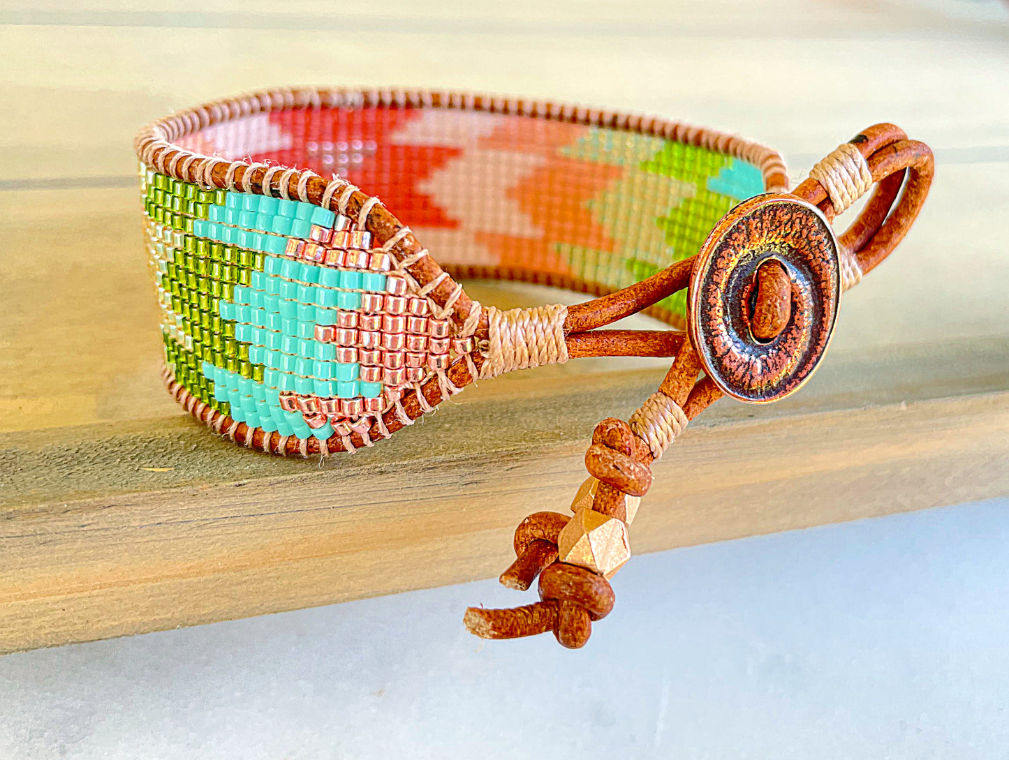 Coral, Green, and Turquoise Western Starburst Beaded Loom Bracelet