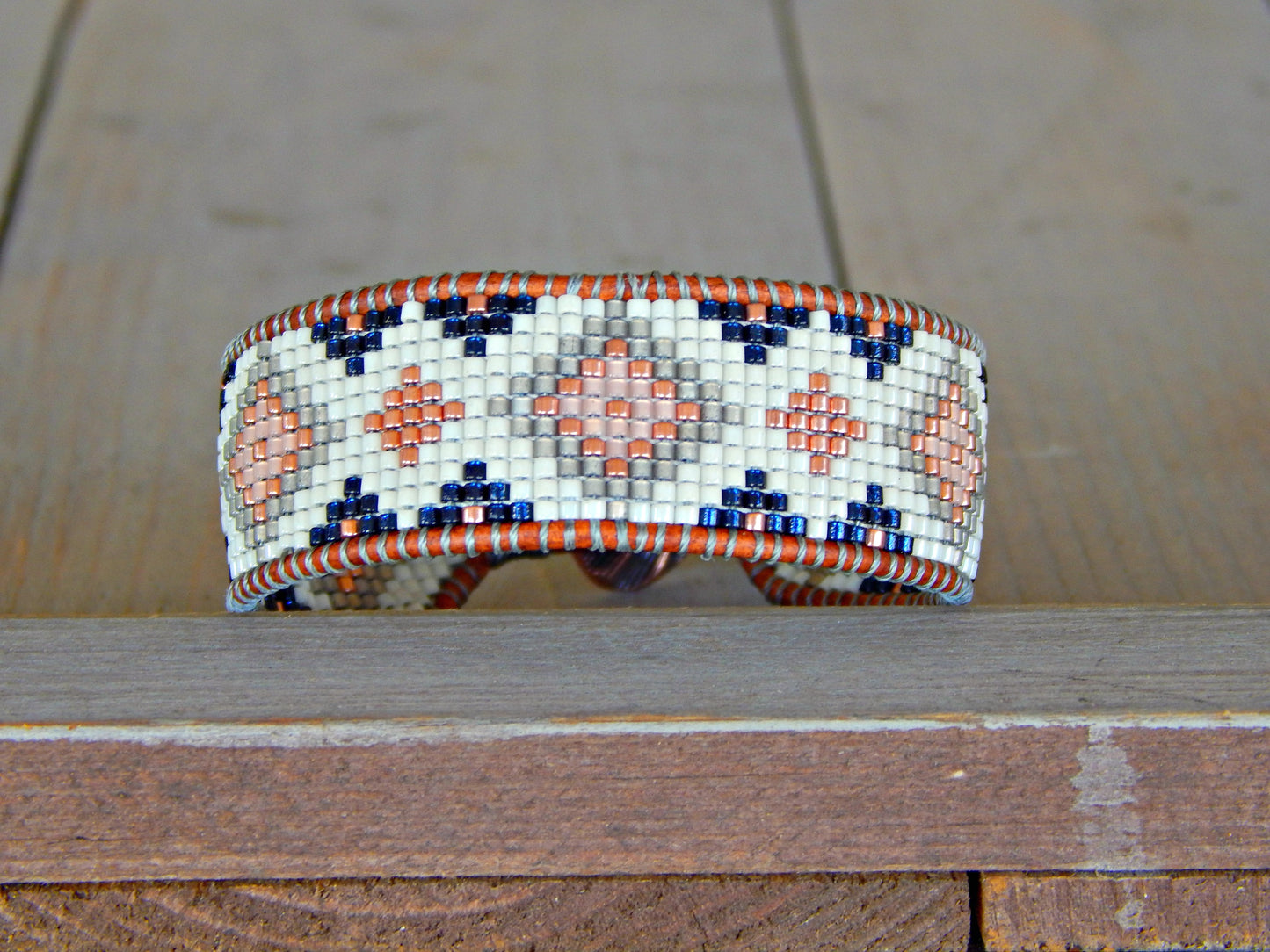 Copper, Navy, Blush, Gray Diamond Bead Loom Woven Leather Bracelet