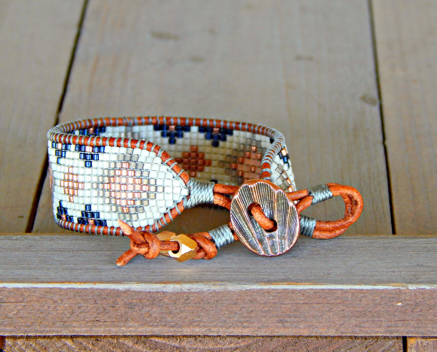 Copper, Navy, Blush, Gray Diamond Bead Loom Woven Leather Bracelet