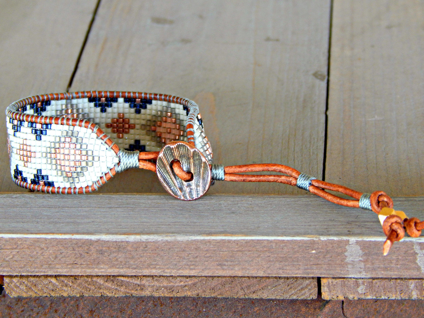 Copper, Navy, Blush, Gray Diamond Bead Loom Woven Leather Bracelet