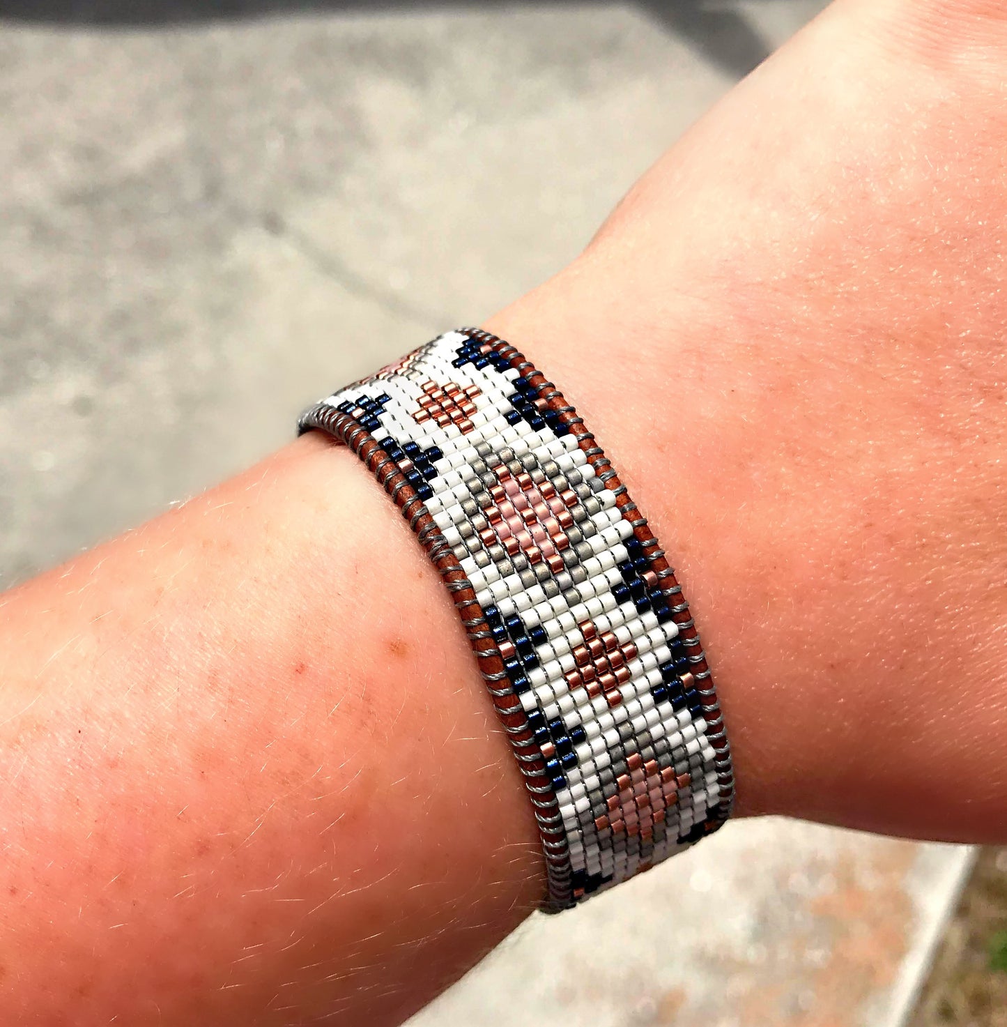 Copper, Navy, Blush, Gray Diamond Bead Loom Woven Leather Bracelet