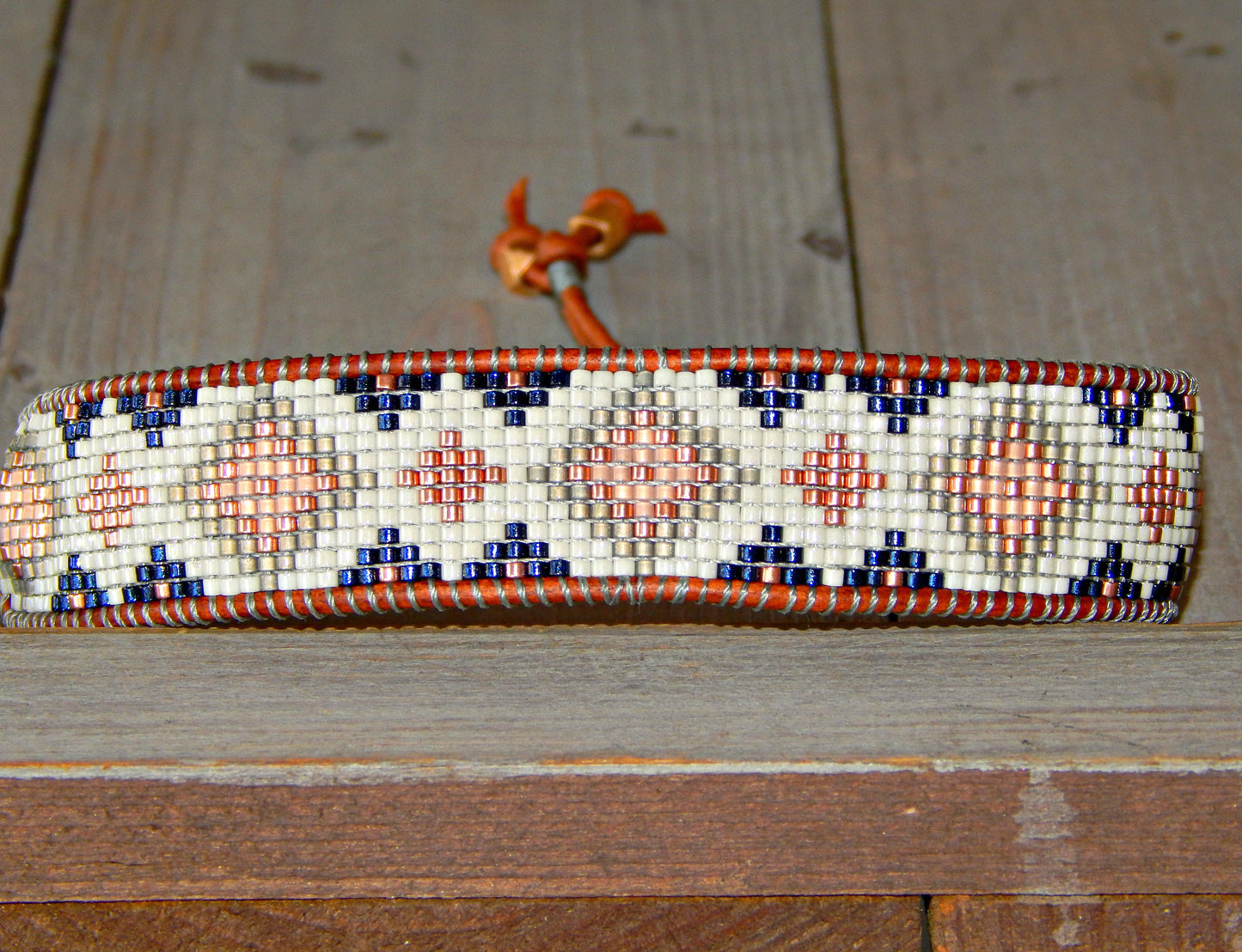 Copper, Navy, Blush, Gray Diamond Bead Loom Woven Leather Bracelet