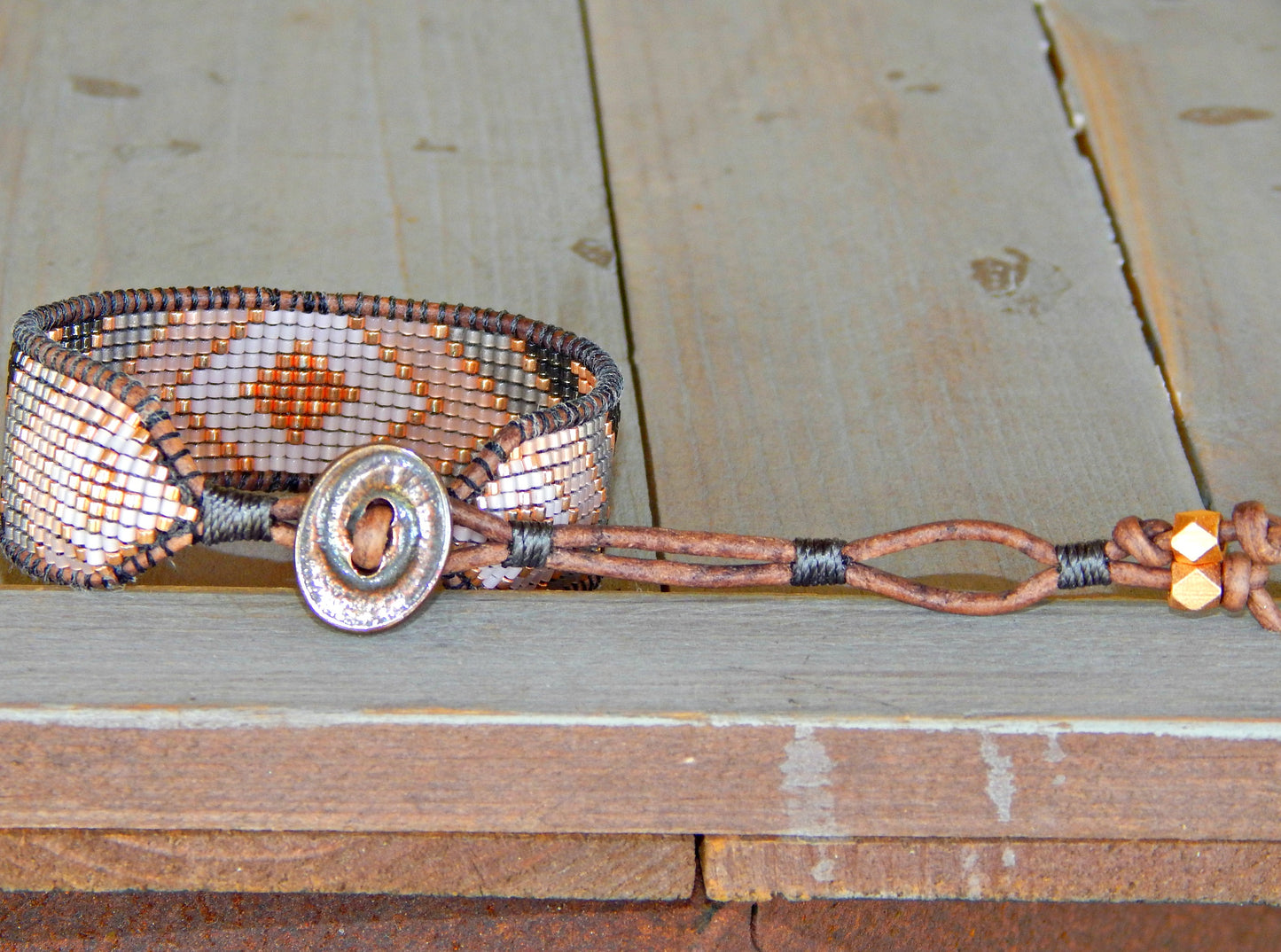 Rose Gold and Gray Bead Loom Woven Leather Cuff Bracelet
