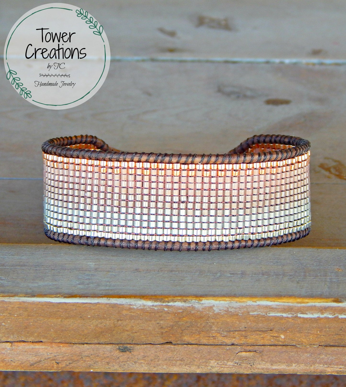 Ombre Copper to Silver tone Hand Beaded Cuff Bracelet