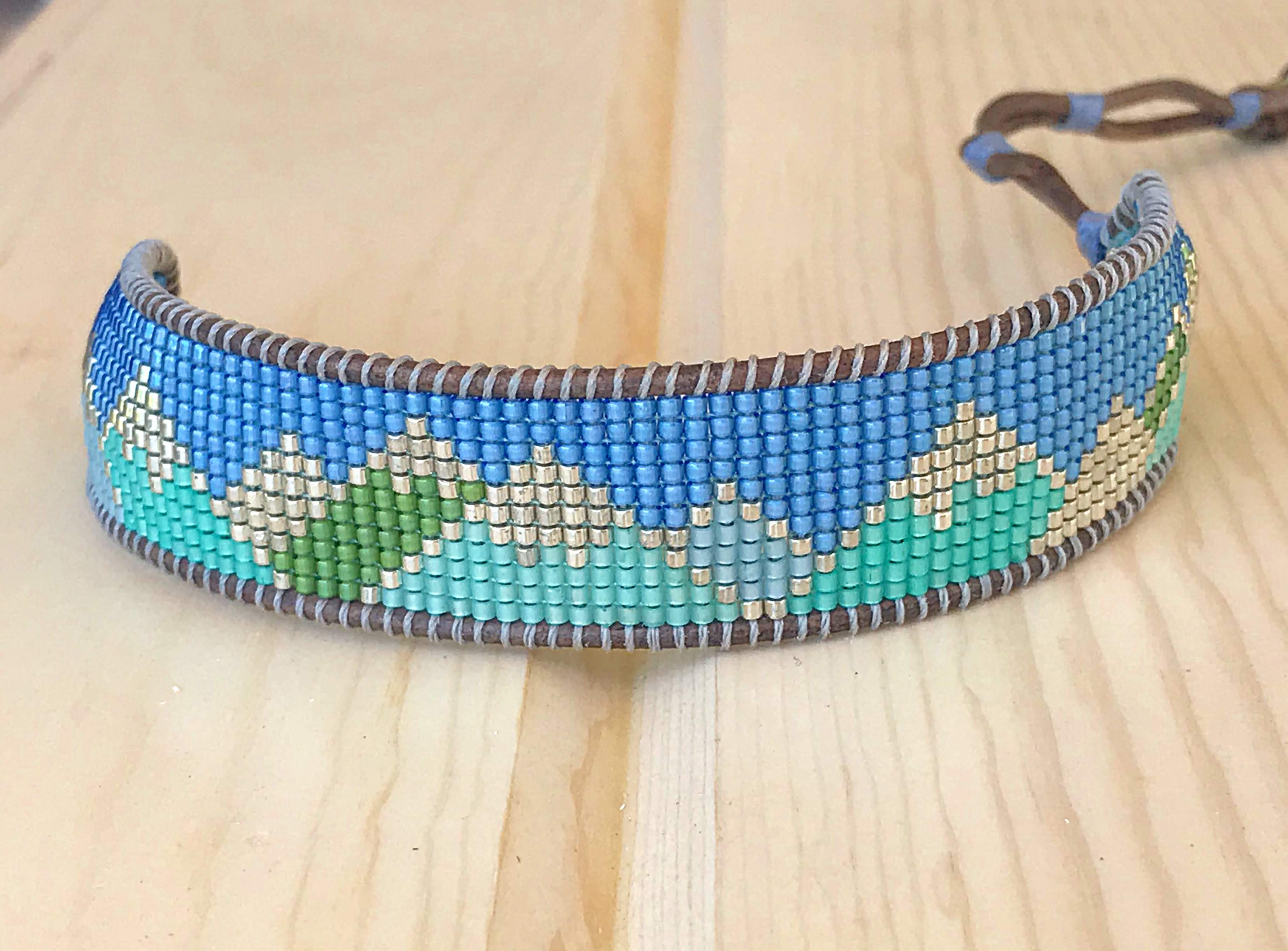 ●tow tow archive● Feverfew Leather Bead Bracelet Blue TBH5 Abstract Mountain Bead Woven Loom Leather Bracelet – Tower