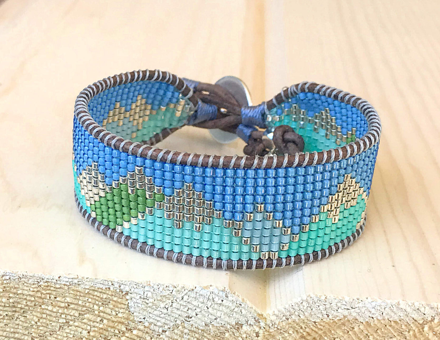 Abstract Mountain Bead Woven Loom Leather Bracelet