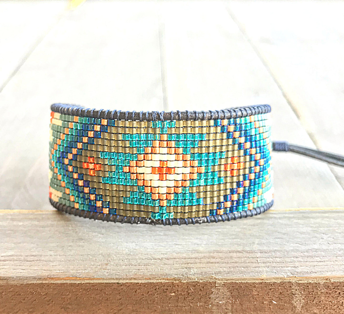 Aqua and Seafoam Beach Tribal Loom Leather Cuff Bracelet